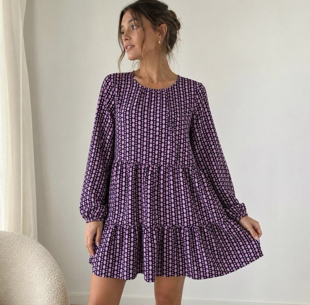 LDT Polka Dot Babydoll Dress Size 10 Pink Purple Tiered LS Pockets NWT